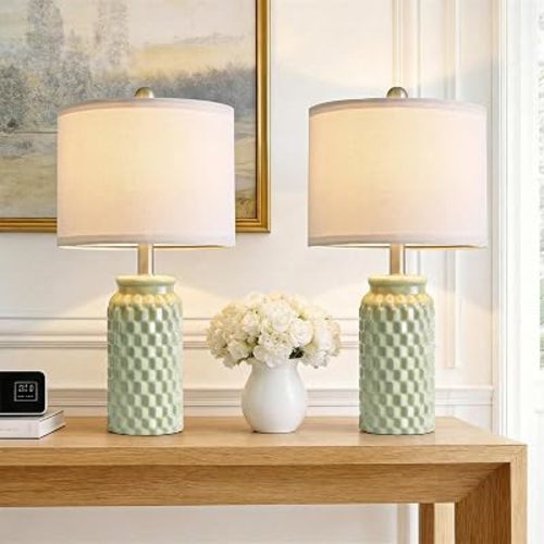 20.5" Small Bedside Lamps Set of 2 with 5FT Cord, Green Ceramic Modern Farmhouse Table Lamps for Nightstand, Living Room, Bedroom, 3D Honeycomb Stylish End Table Lamps(Bulb Not Included)