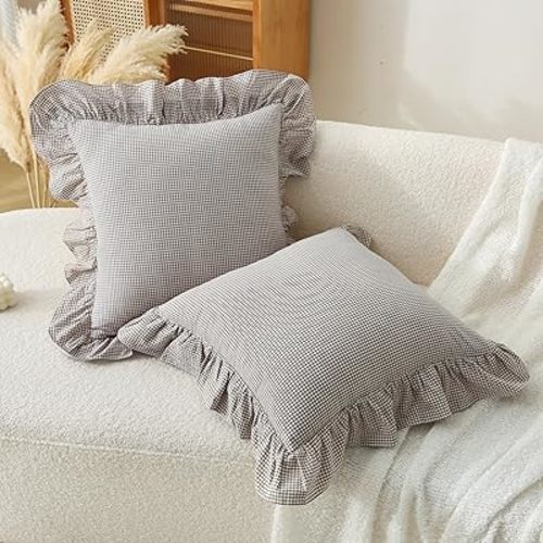Gingham Pillow Covers (2 Pack) - 18x18 Inches Brown/White Plaid, 100% Washed Cotton Vintage Ruffle Decorative Throw Pillowcases with Zipper Closure for Bed & Couch