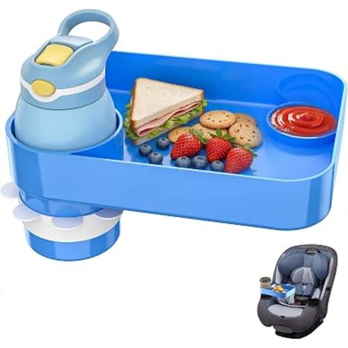 Kids Car Seat Tray, Travel Tray with Cup Holder for Toddler Baby, Kids Car Seat Food Snack Organizer for Road Trip, Stroller Snack Organizer Travel Must Haves Toddler Must Haves (Blue, 1 Pack)