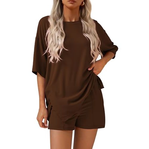 KIRUNDO 2 Piece Sets for Women Summer Lounge Sets Casual Oversized Tshirts Shorts Matching Airport Travel Outfits Postpartum
