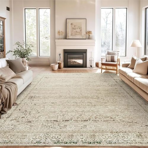 Cream and Light Tan Area Rugs Washable Rug for Living Room Bedroom, Faux Wool Soft No Slip Floral Boho Vintage Extra Large Carpet for Dining Room 9x12