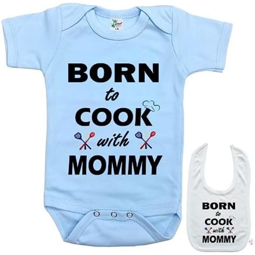 Born to Cook W. Mommy -Cooking Chef Bake Baby Shirt Bodysuit Outfit Onesie & Bib