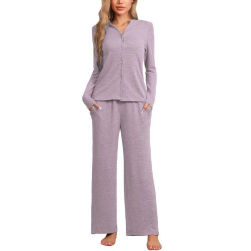 cheibear Women's Long Sleeve Button Down Tops with Pants Sleepwear Pajamas Sets