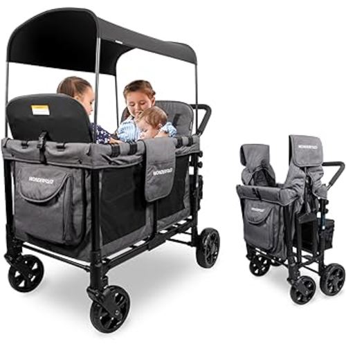 WONDERFOLD W4 Original Quad Stroller Wagon (4 Seater) - Collapsible Wagon Stroller with Seats with 5-Point Harnesses, Easy Access Zipper Door, and Removable Sun Canopy, Gray
