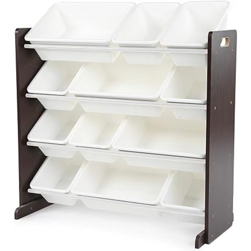Humble Crew Toy Storage Organizer with 12 Removable Storage Bins for Kids Playroom, 4-Tier Toddler Toy Organization, Espresso/White