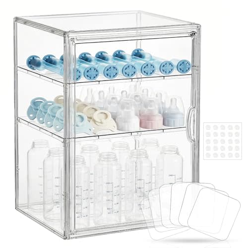 Baby Bottle Organizer – X-Large Adhesive Wall-Mount 3 Tier Adjustable Acrylic Bottle Storage Container with Magnetic Door – for Countertop, Cabinet, Kitchen, and Vanity, Gifts for New Mom