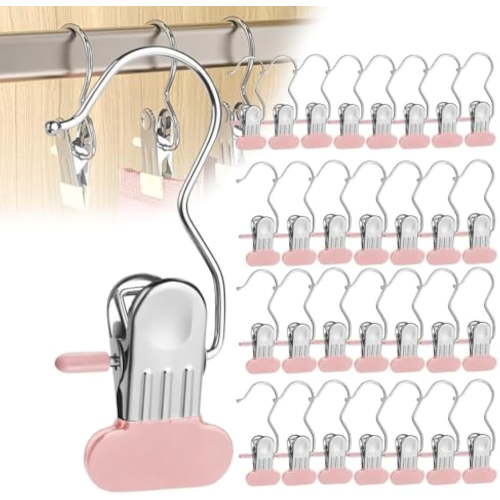 Space-Saving Clothes and Hat Storage Hook, Anti-Rust Clip Space-Saving Clothespin, Multipurpose Stainless Steel Hanger Clips, Hat Pants Storage Hanging Travel Hook (Pink, 30 pcs)