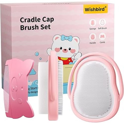 3-in-1 Baby Cradle Cap Brush kit, Soft Baby Brush, Curved Comb & Bath Sponge | BPA-Free Cradle Cap Treatment Set for Newborns, Infants Dry Skin Flakes Removal, Pink