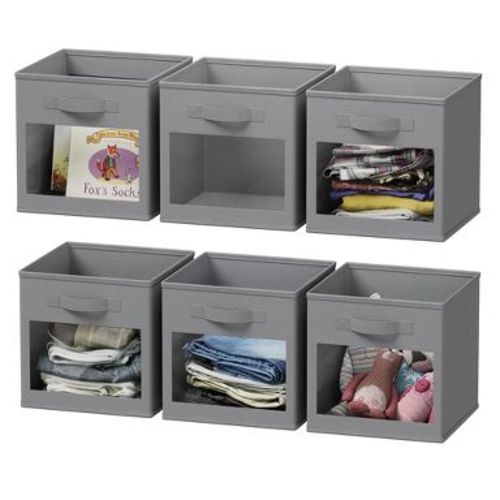 Storage Cubes with Clear Windows, Set of 6 Fabric 11-Inch Foldable Baskets Boxes for Closet, Cubby Shelf, or Cube Storage Organizer,Gray