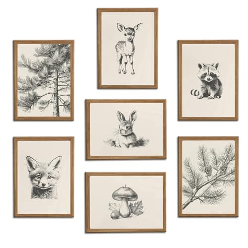 HDXUFJQ Wood Framed Neutral Nursery Wall Art Woodland Animal Canvas Wall Decor Forest Animal Themed Sketch Pictures Prints Vintage Rustic Baby Kids Boys Girls Room Home Paintings Decor(8"x10")