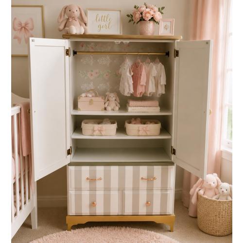 Hand-Painted Floral Nursery Armoire: Blush Stripes, Gold Accents, Storage Wardrobe