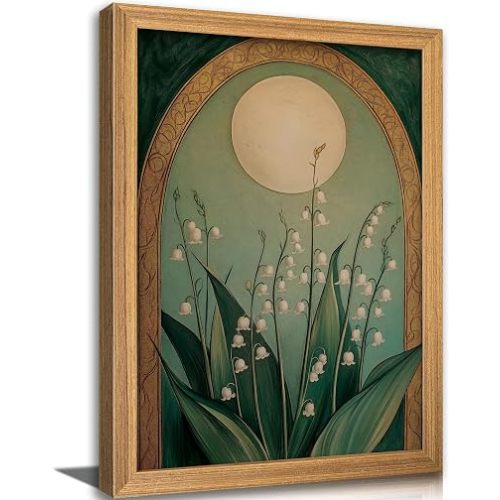 Framed Vintage Floral and Moon Wall Art Emerald Green Lily of the Valley Painting Canvas Prints Elegant Botanical Poster Picture Dark Moody Flowers Spiritual Artwork for Living Room Bedroom Office
