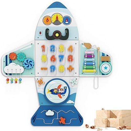 BlueWood Wooden Wall Busy Board Panels, Toddler Learning Activity Center, Montessori Philosophy Sensory, Educational Toys, Conducive to All-Round Development - Aircraft