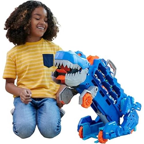Hot Wheels City Toy Car Track Set, Ultimate T-Rex Transporter, Hauler Transforms into Stomping Dino with Race Track, from Netflix Series “Let’s Race”