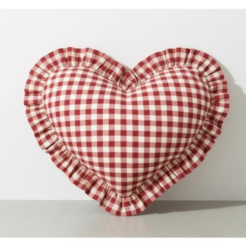 Ruffled Linen Gingham Heart Pillow Cover - Heart Cushion - Bohemian Home Decor