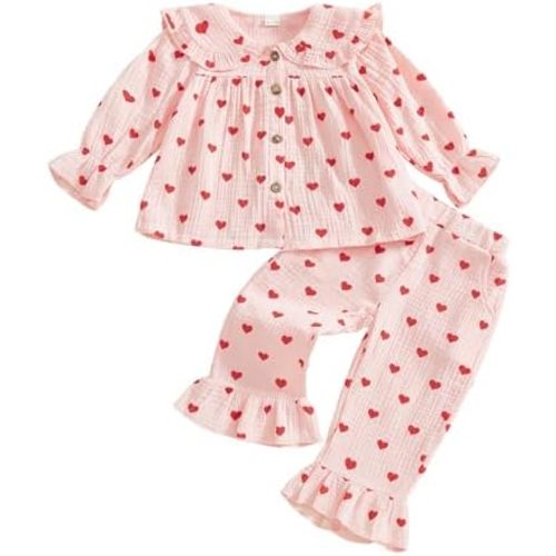 Gueuusu Toddler Girls Linen Outfit Peter Pan Long Sleeve Button Up Shirt Ruffle Pants Set Baby Girl Baptism Photoshoot Outfit