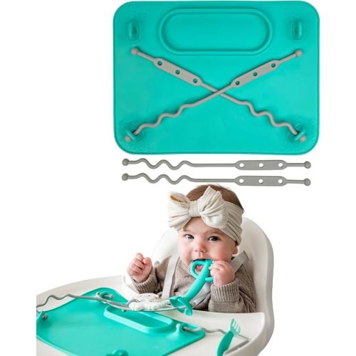 BUSY BABY Silicone Mat - New and Improved Suction Cups, 4 Straps to Secure Baby Essentials, Self Feeding, Baby Led Weaning, Travel Sleeve Included (Spearmint)