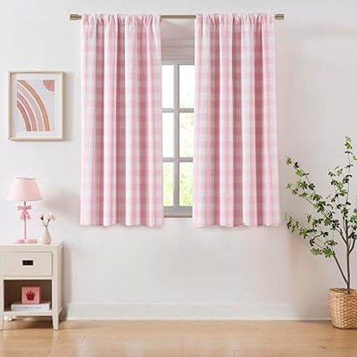 72 Inch Pink White Plaid Full Blackout Curtains for Girls Room