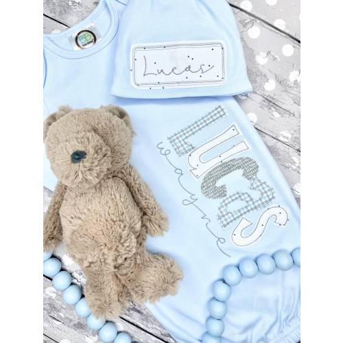 Personalized Baby Boy Gown and Hat, Infant Gown Set, Embroidered and Appliqued Baby Gown