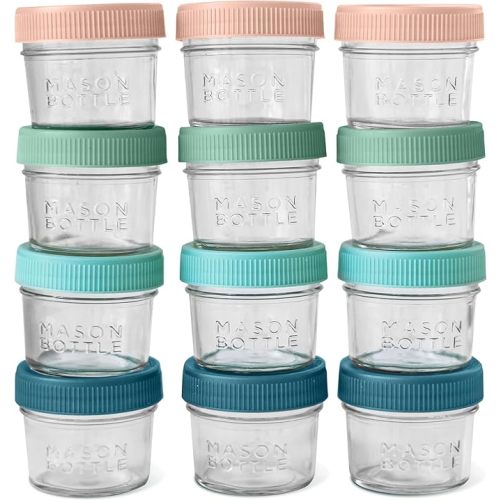 Mason Bottle 4oz Breast Milk Storage Jars (12-Pack) – Reusable Glass Baby Food Containers with Lid for Baby Formula & Breastmilk – Airtight, Stackable, Freezable (Deep Ocean)