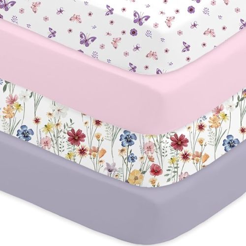 Crib Sheets 4 Pack, Baby Crib Sheets Fitted for Boys and Girls Breathable & Snug Fit, Soft Toddler Bed Sheets for Standard Crib Mattress Nursery Daycare Essentials, Butterfly Meadow