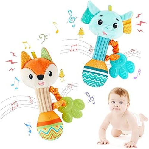 Baby Rattles 0-6 Months，Baby Soft Rattles Shaker，Hand Grab Sensory Shaker,Teething Toys for Babies 6-12 Months，Sensory Plush Animal Toys for 0 3 6 9 12 Months Newborn Toys, 2PCS