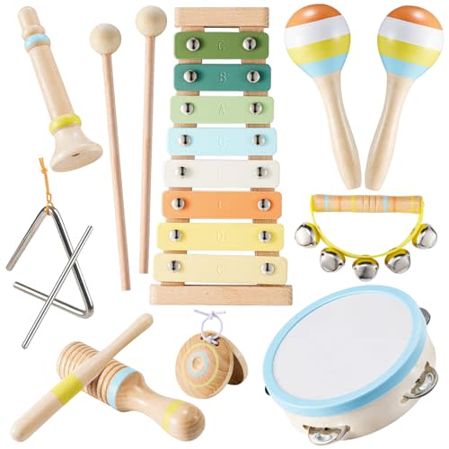 Baby Musical Instruments Set Montessori Wooden Music Toys for Toddlers 3 4 5 Neutral Color Percussion Music Kit with Drum, Xylophone,Storage Bag, Birthday Preschool Learning Gift for Boys Girls