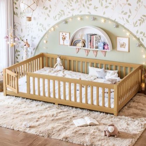 ModernLuxe Montessori Floor Bed with Safety Guardrails & Door, Low Profile Toddler Bed Wooden Kids Bed Frame - Queen, Natural