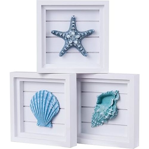 LODOCAVE 3D Art Beach Wall Decor Coastal Decor for Home(6.3 x6.3 ) Ocean Decorations Sets for Bedroom Bathroom ＆ Living room Suitable for Beach theme room ＆ Beach House Decor Seashell Starfish Decor