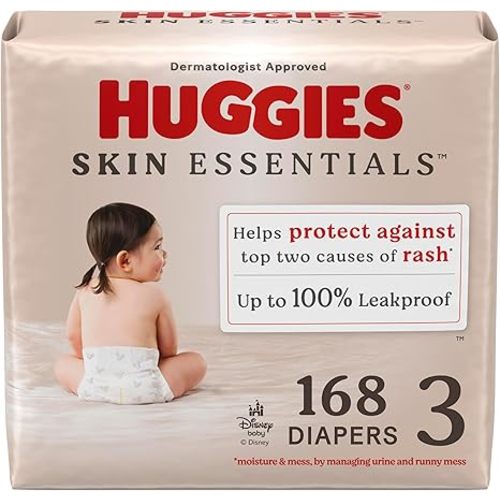 Huggies Size 3 Diapers, Skin Essentials Baby Diapers, Size 3 (16-28 lbs), 168 Count (3 Packs of 56), Packaging May Vary