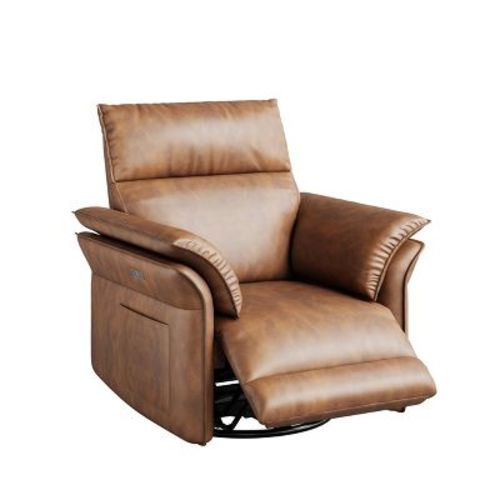 Power Recliner Chair for Living Room or Nursery - 270° Swivel Rocking Glider, Adjustable Recline, USB Port, Side Pockets - PU-Brown