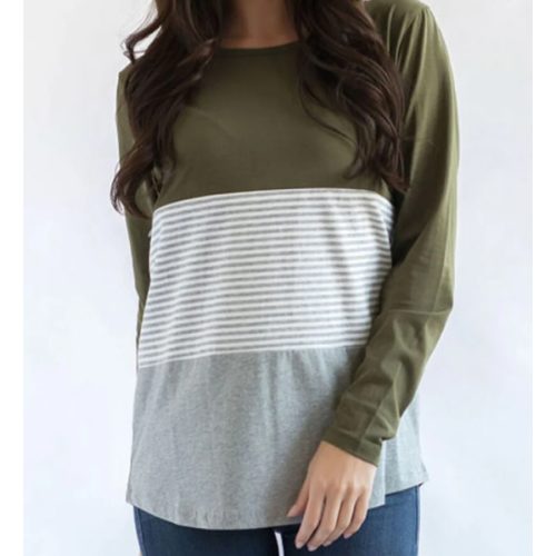 Long Sleeve Cotton Nursing Top- 3 Block- Olive