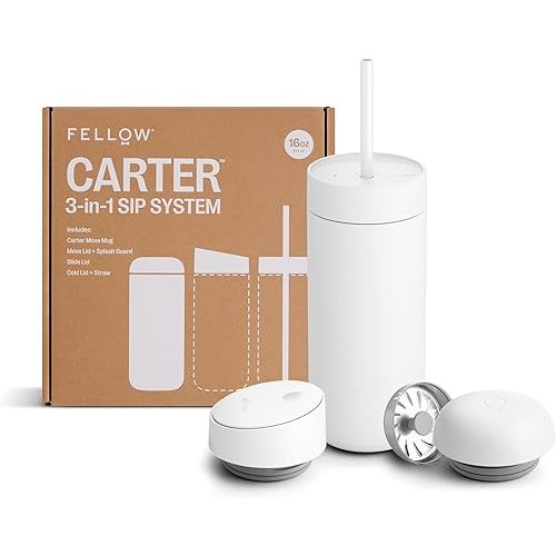 Fellow 16 oz Carter Bundle (3 in 1) Travel Mug with Slide-Lock, Move & Cold Lids with Straw - To-Go Coffee Tumbler, Ceramic Interior & Vacuum-Insulated Stainless Steel - Coffee Cups-Matte White