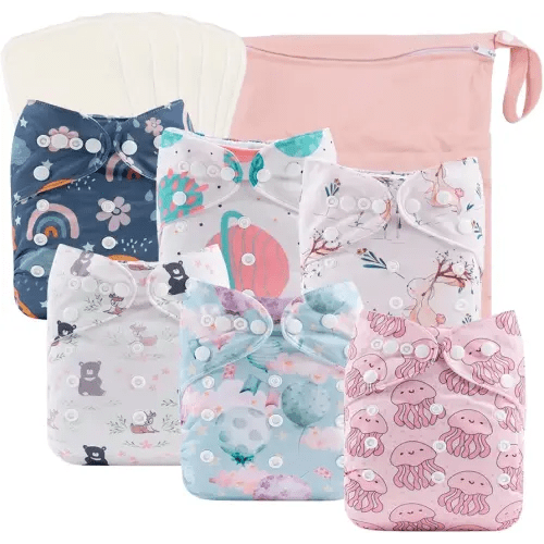 babygoal Reusable Cloth Diapers 6 Pack+6pcs Rayon from Bamboo Inserts+Wet Bag, One Size Adjustable Washable Pocket Nappy Covers for Baby Girls and Boys 6FG38
