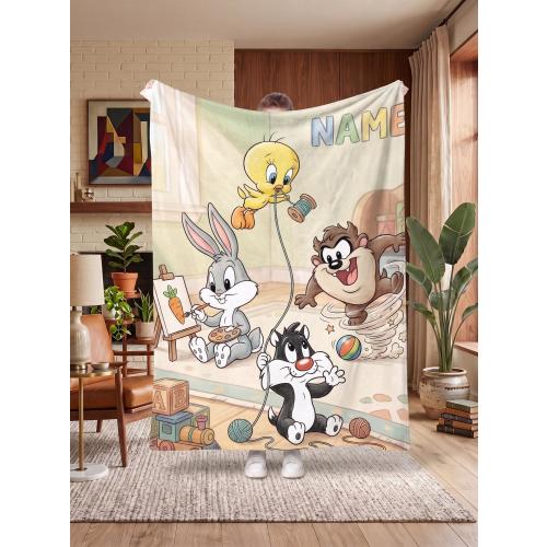 Lovely Soft Baby Tweety Bugs Blanket Custom Name Art Throw, Cute Nursery Looney Tunes Blanket, Kids Birthday Gift, Cozy Travel Couch Cover