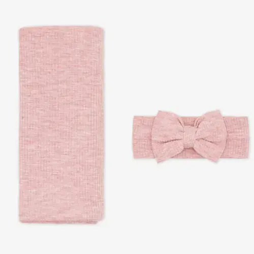 Heather Mauve Ribbed Swaddle & Luxe Bow Headband Set - Little Sleepies
