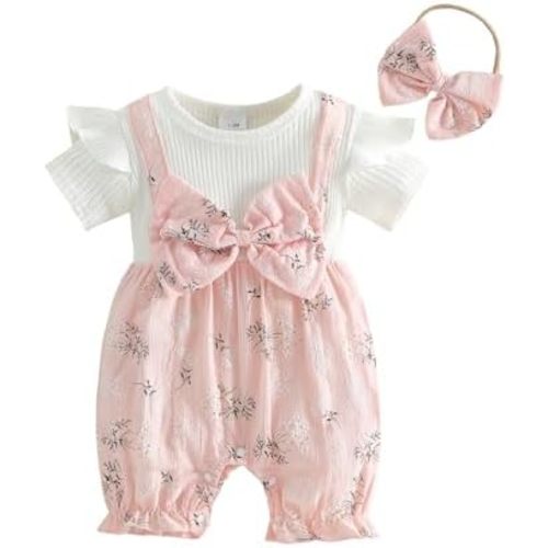 YINGISFITM Newborn Baby Girl Summer Clothes Short Sleeve Bubble Romper Bow Shorts Jumpsuit Infant Outfit 0 3 6 9 12 18 Months