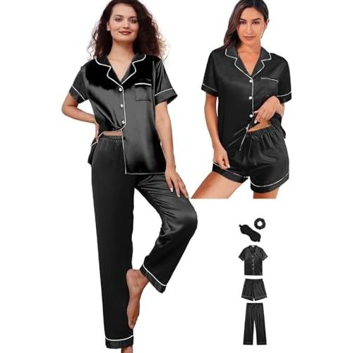 WJing Yi Jia 5Pcs Womens Silk Satin Pajamas Sets XS-XXL Short Pj Sets Button Down Pjs Set Sleepwear Loungewear