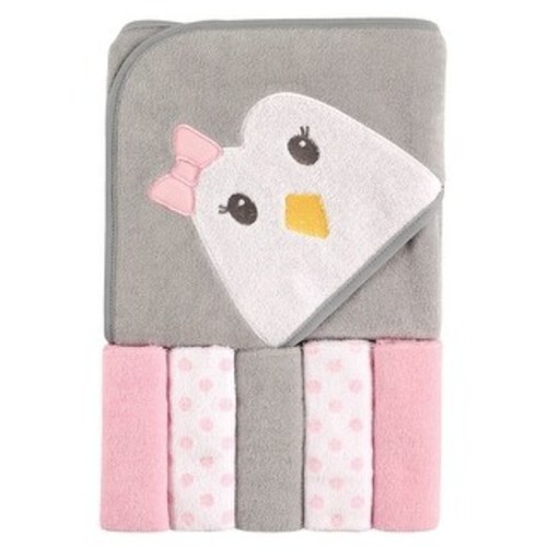Luvable Friends Baby Girl Hooded Towel with Five Washcloths, Penguin, One Size - Penguin - One Size