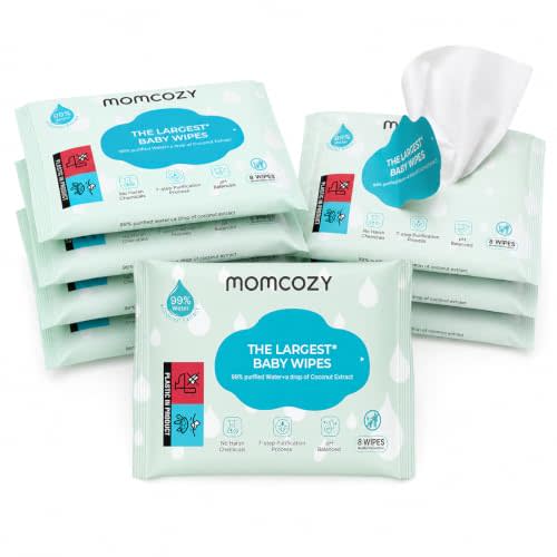Momcozy Baby Wipes Travel Size, Extra Large 99% Water Based Wet Wipes | Unscented & Hypoallergenic, Gentle for Sensitive Skin, Baby Travel Essential, 64 Wipes Total, 8 Packs