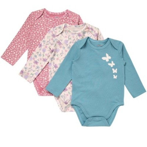 Hanes Pure Comfort Baby Long Sleeve Bodysuits, Organic Cotton, Boys & Girls, 3-Pack Teal/Pink Assortment 6MTH