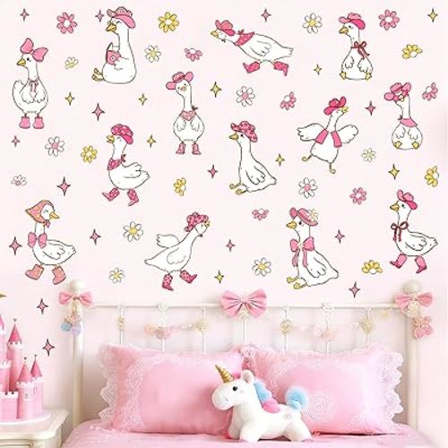 Goose Wall Stickers Pink Goose Wall Decals Small Duck Stickers Cute Geese Flower Decals Girls Room Girly Decal Peel and Stick Cartoon Funny Geese Stickers for Nursery Kids Room Baby Room Decor