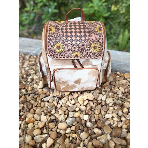 SALE LARGE checker sunflower western genuine tooled leather and cowhide backpack/diaper bag with clavos. Western diaper bag. Mama diaper bag