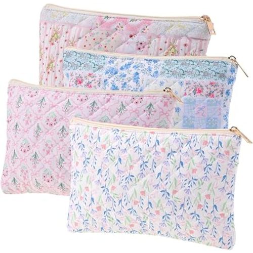 Pimoys Cosmetic Bags Pink Blue Patchwork Cotton Makeup Pouch Soft Zipper Travel Toiletry Organizer for Purse Hospital Bag Essentials Baby Items Skincare Accessories Gift