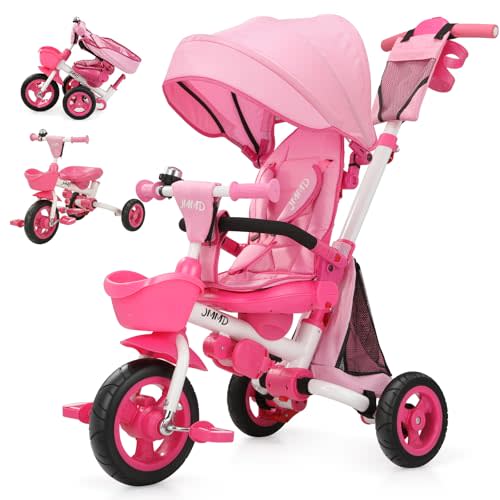 JMMD 8 in 1 Tricycle Stroller with Push Handle, Foldable Trike with 360° Swivel Seat, Reclining Backrest, All-Terrain Wheels, Dual Brakes, Canopy & Storage, Gift for Kids 18 Months to 5 Years, Pink