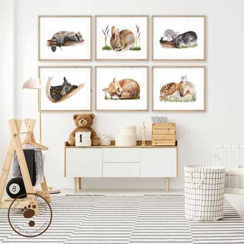 Woodland Sleeping Animal Print Set of 6, Gender Neutral Forest Nursery Wall Art