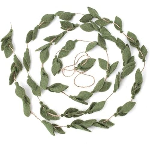 Glaciart One Felt Leaves Garland - Faux Greenery for Living Room, Bedroom, Nursery - Natural New Zealand Wool, Hand Felted in Nepal - Suitable for Christmas, Thanksgiving, Wedding Decorations - 6ft.