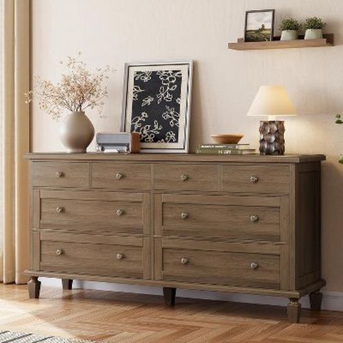Vintage 8 Drawer Dresser with Tapered Legs, Wood Wide Chest, Distressed Wood Finish, for Bedroom, Living Room, Entryway