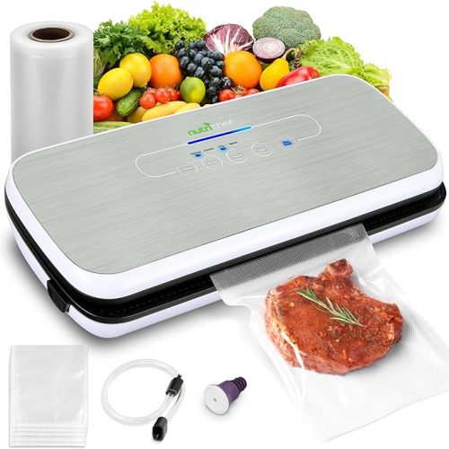 NutriChef Food Vacuum Sealer Machine - Automatic Air Sealing System for Dry & Moist Foods, LED Touch Controls, Includes Vacuum Bags, Hose & Wine Stopper, High Suction Power, 14"x6"x3", Silver