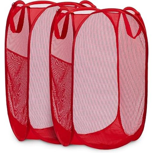 Handy Laundry Collapsible Mesh Pop Up Hamper with Wide Opening and Side Pocket - Breathable, Sturdy, Foldable, and Space-Saving Design for Clothes and Storage (Red | 2-Pack)